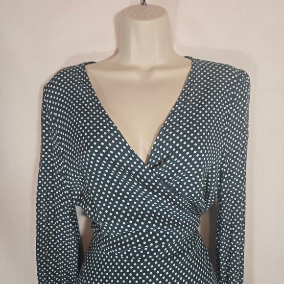 Loft Green Polka Dot Wrap Long Sleeve Dress 14 Plus Office Flirty Knee Office - Picture 4 of 8